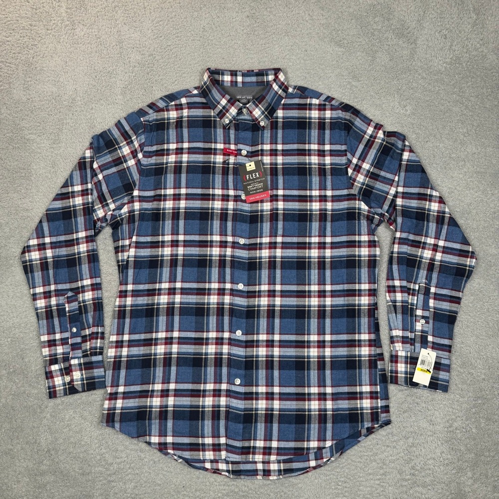 Van Heusen Flex Mens M Classic Fit Plaid Non-Iron Button Down Shirt Navy Red New